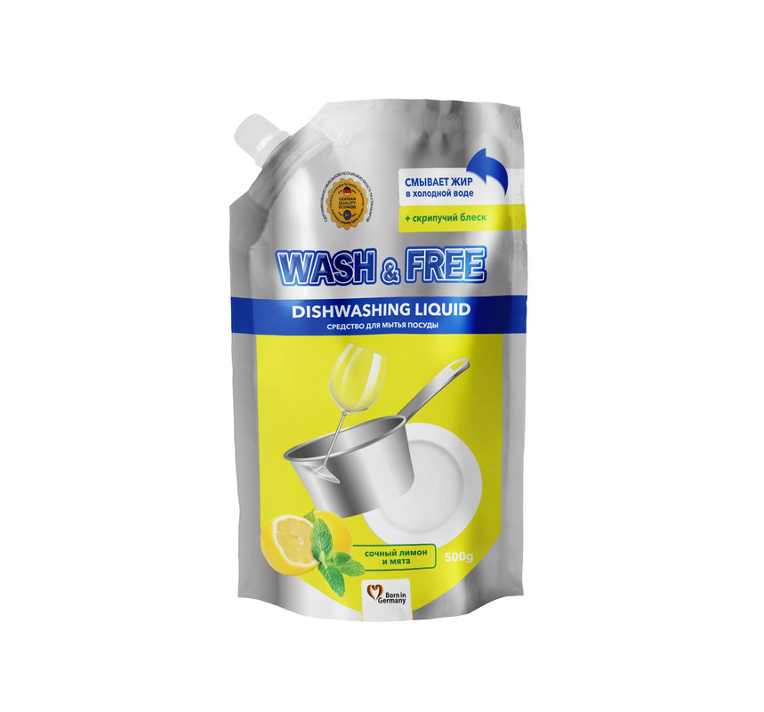 Засіб для ручного миття посуду WASH & FREE лимон і м'ята, 0,5л